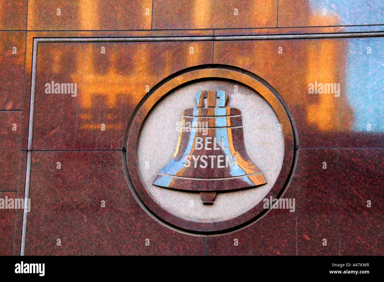 Old Bell Telephone System logo on marble building Milwaukee Wisconsin