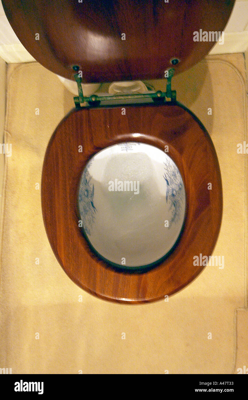 Old fashioned ornate style lavatory toilet with wooden loo seat Stock