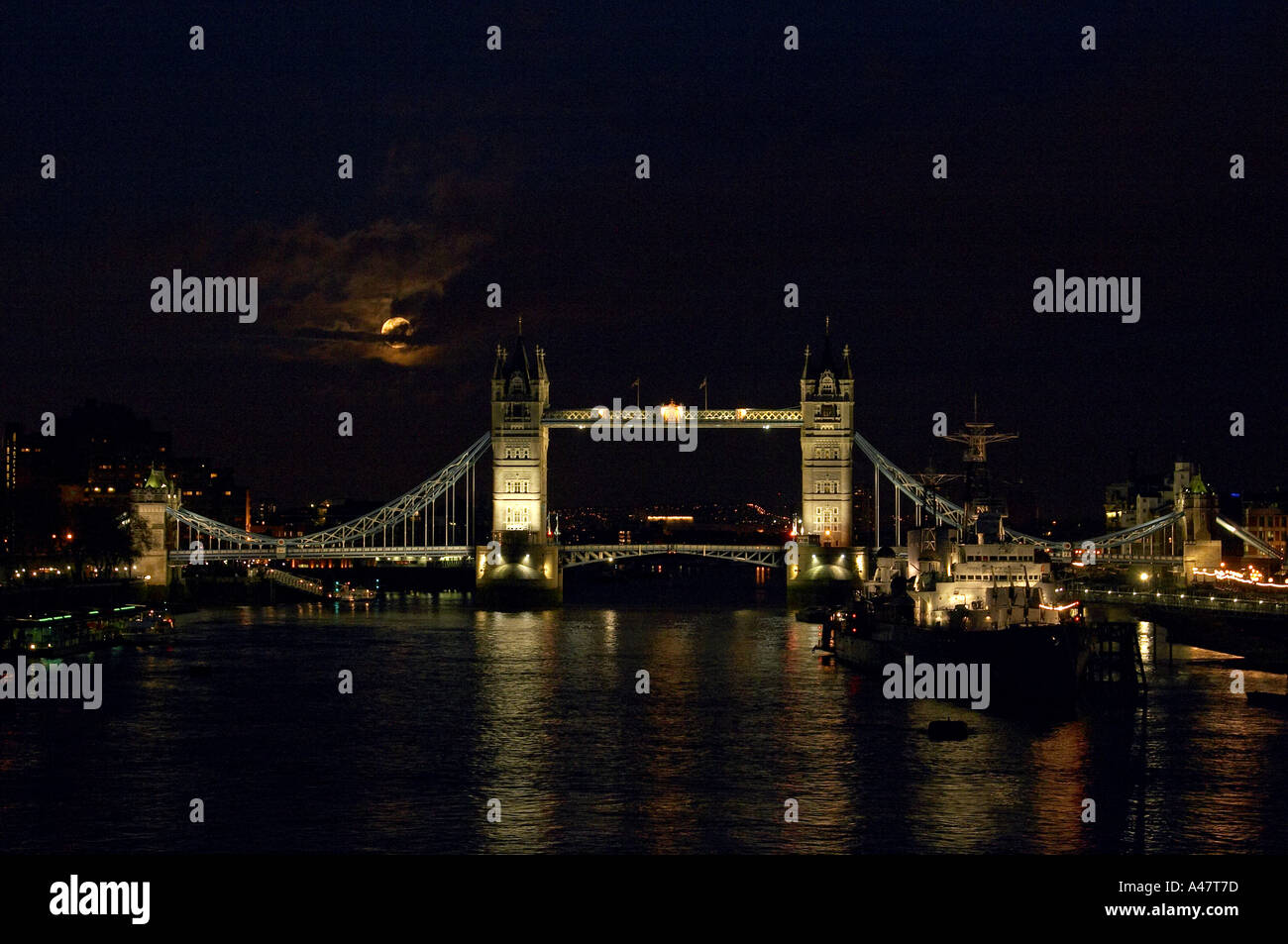 Full Moon Moonrise Over River Thames With Tower Bridge And Hms Stock Photo Alamy