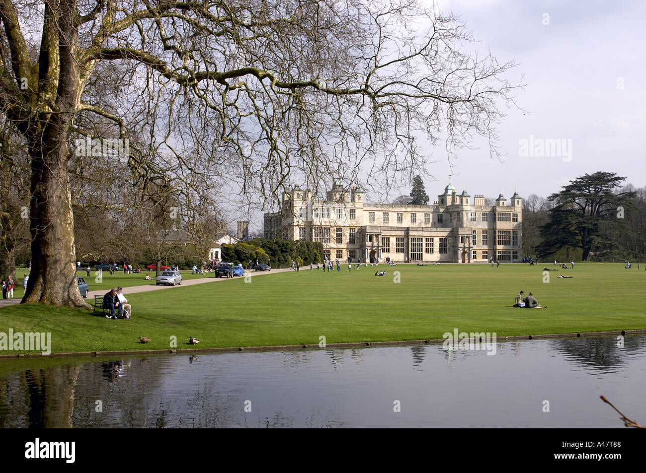 Audley End House and lake with visitors Saffron Walden Cambridgeshire