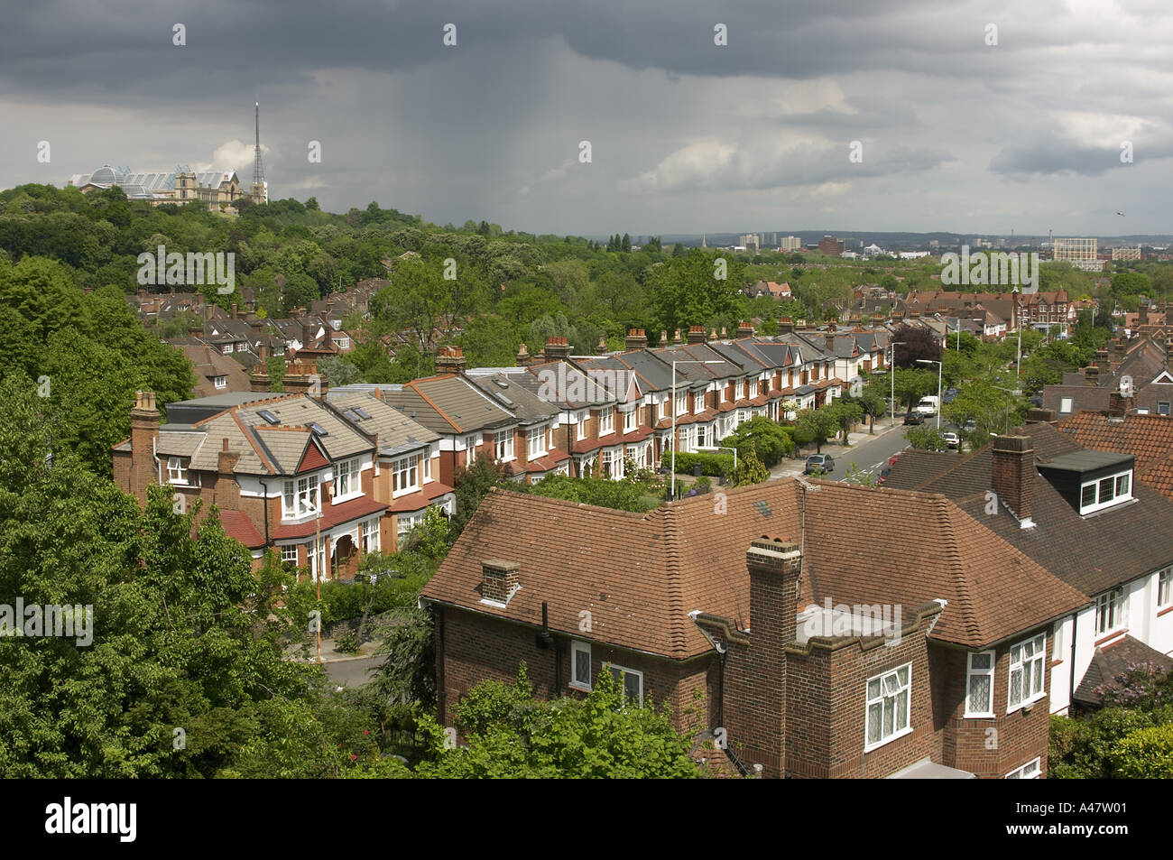 View of Suburban houses Trees and rooftops of Muswell Hill with Alexandra Palace London N10 Stock Photo