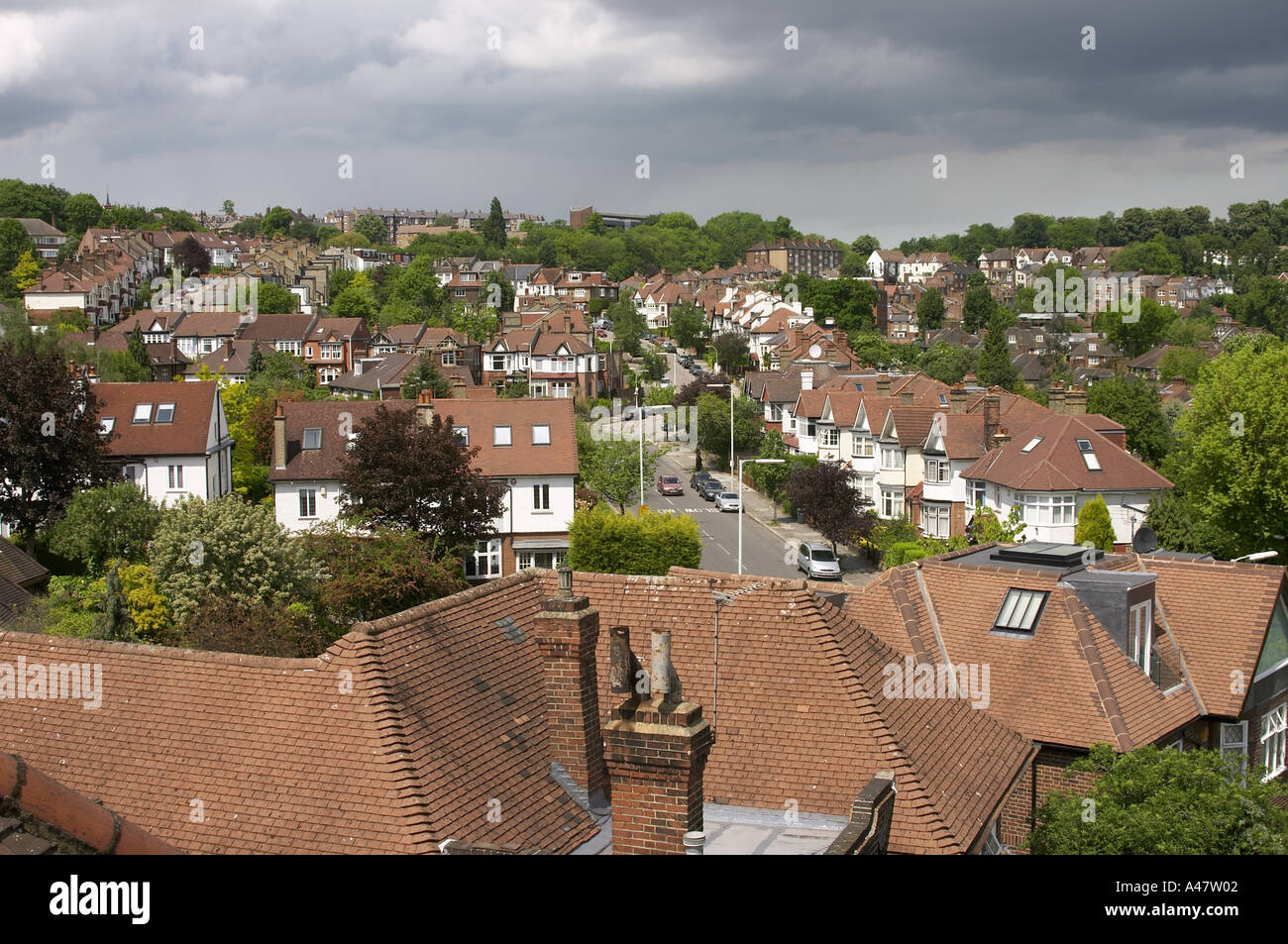View of Suburban houses trees and rooftops of Muswell Hill London N10 Stock Photo