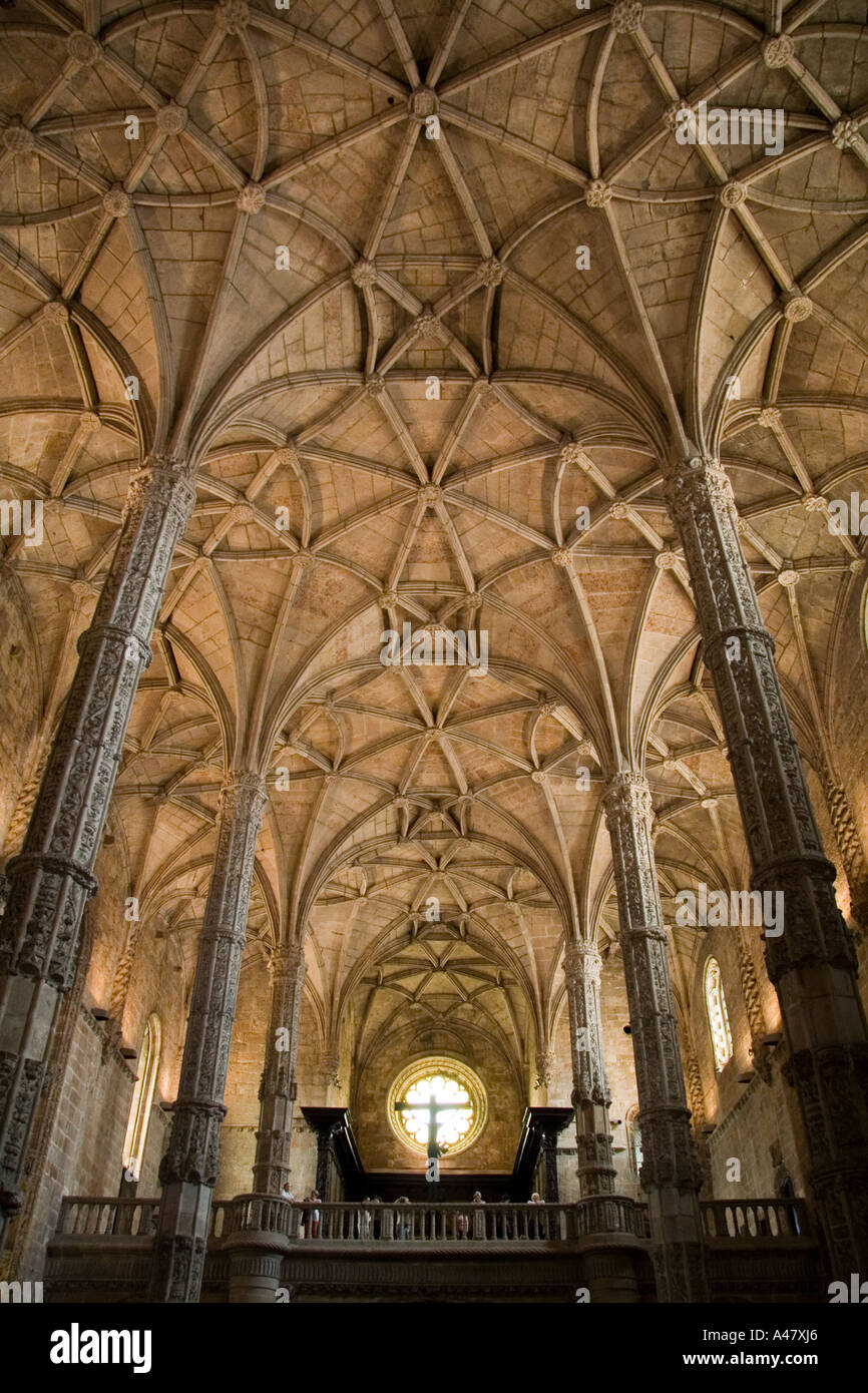 Looking up at the Mosteiro dos Jeronimos vaulted ceiling space. 2005. Stock Photo