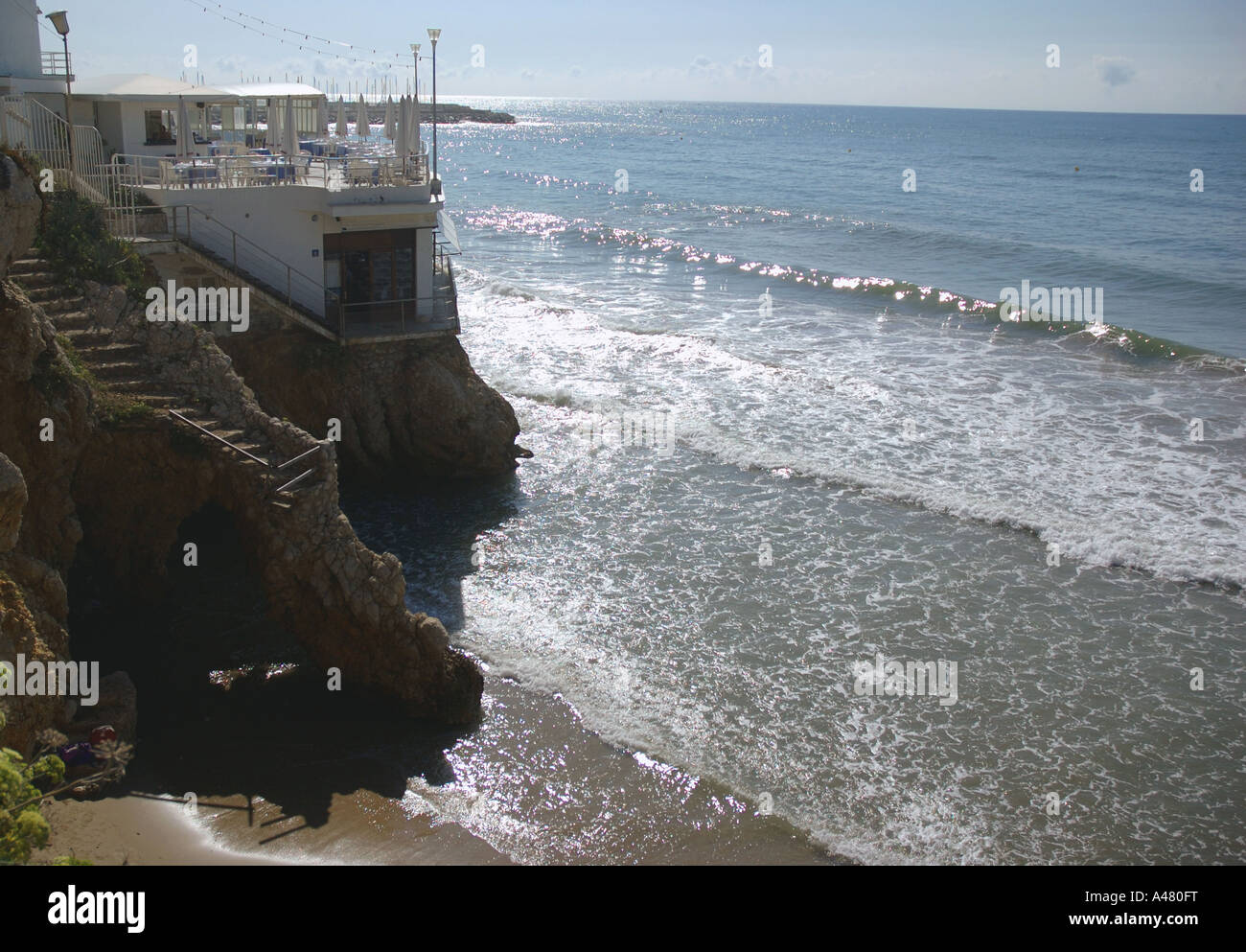 Panoramic view of the seafront & beach of Sitges Catalonia Catalunya Cataluña Costa Dorada España Spain Europe Stock Photo