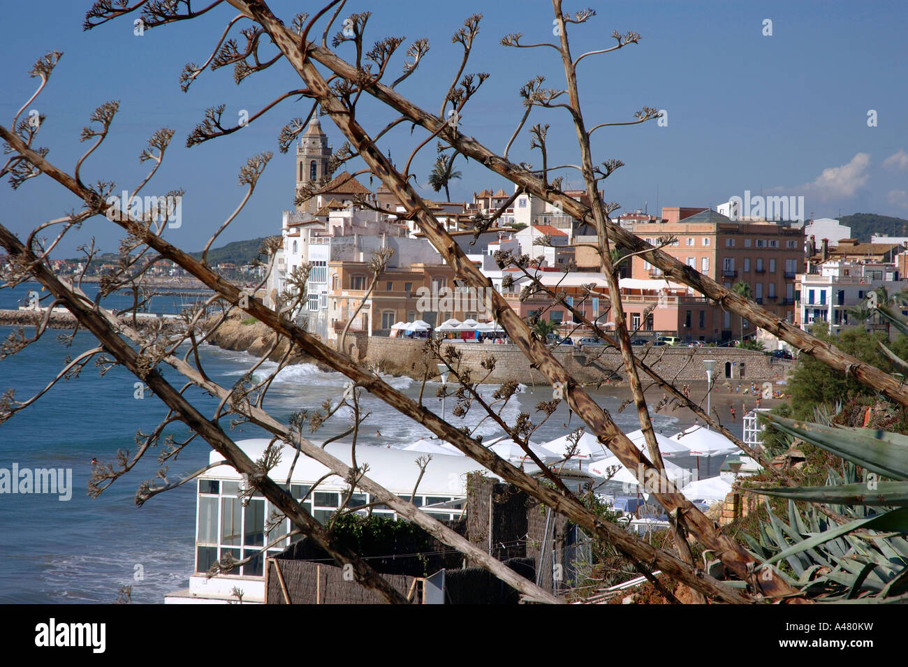 Panoramic view of the seafront & beach of Sitges Catalonia Catalunya Cataluña Costa Dorada España Spain Europe Stock Photo