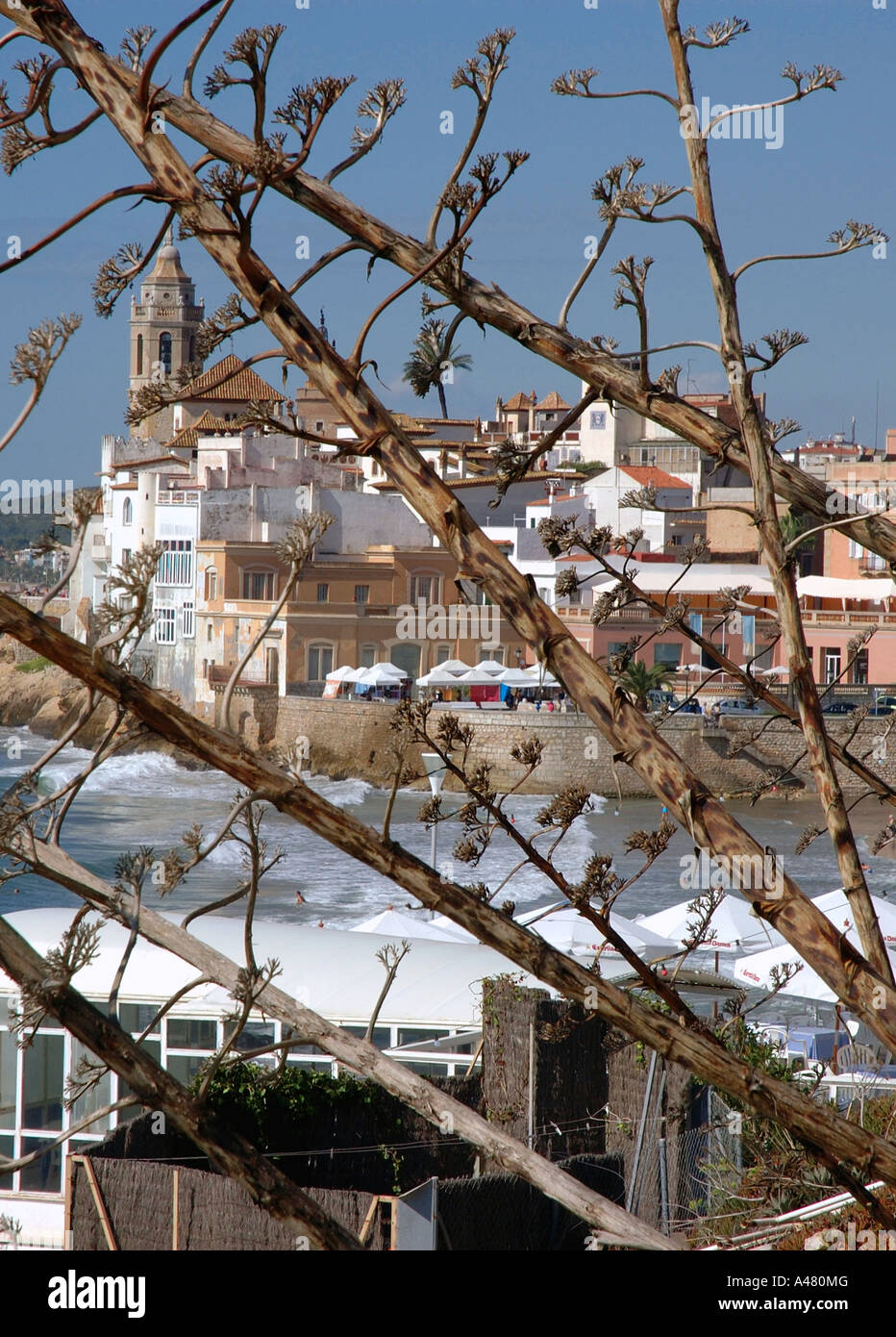 Panoramic view of the seafront & beach of Sitges Catalonia Catalunya Cataluña Costa Dorada España Spain Europe Stock Photo
