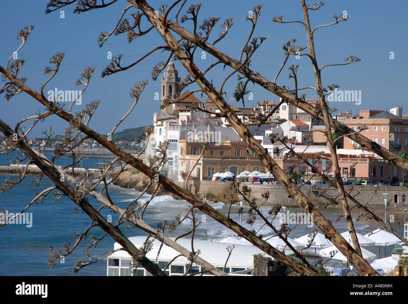 Panoramic view of the seafront & beach of  Sitges Catalonia Catalunya Cataluña Costa Dorada España Spain Europe Stock Photo