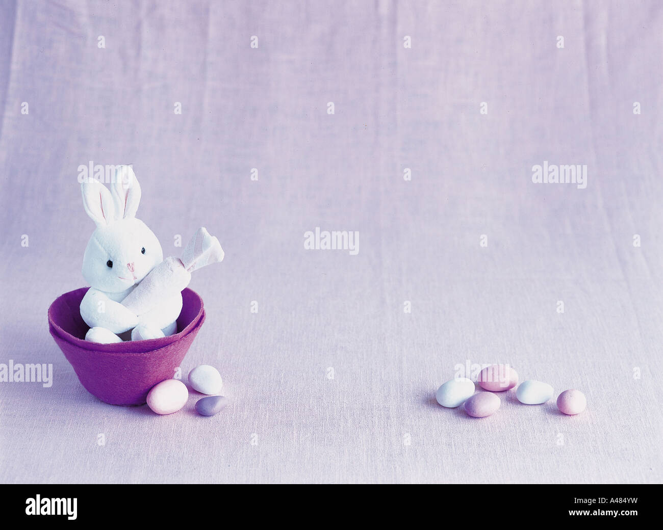 Close-up of a stuffed rabbit in a bowl with pebbles Stock Photo - Alamy