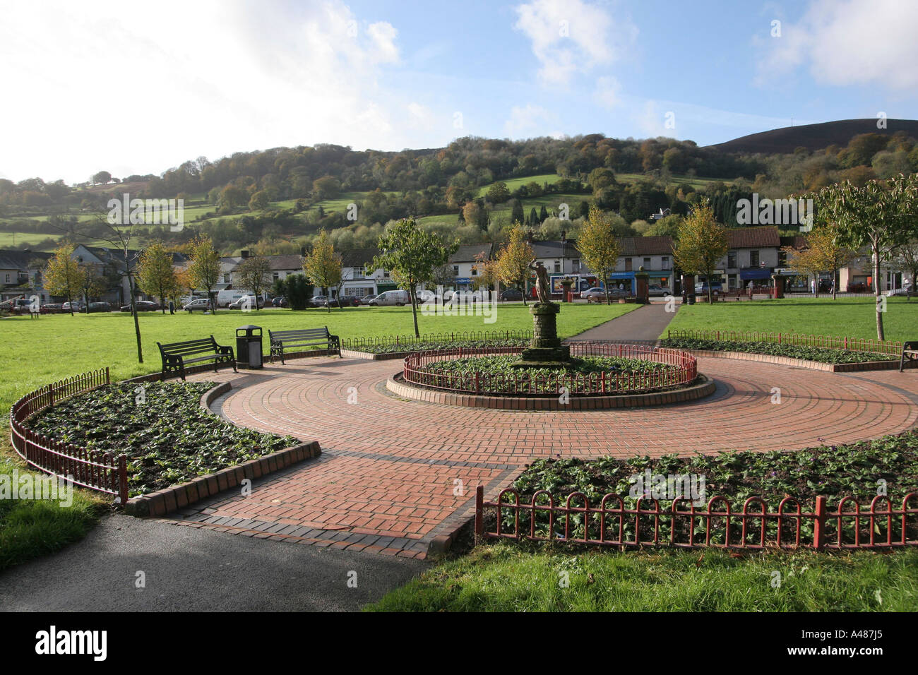 Park with Ornamental Garden and Statue Risca Village South East Wales Stock Photo