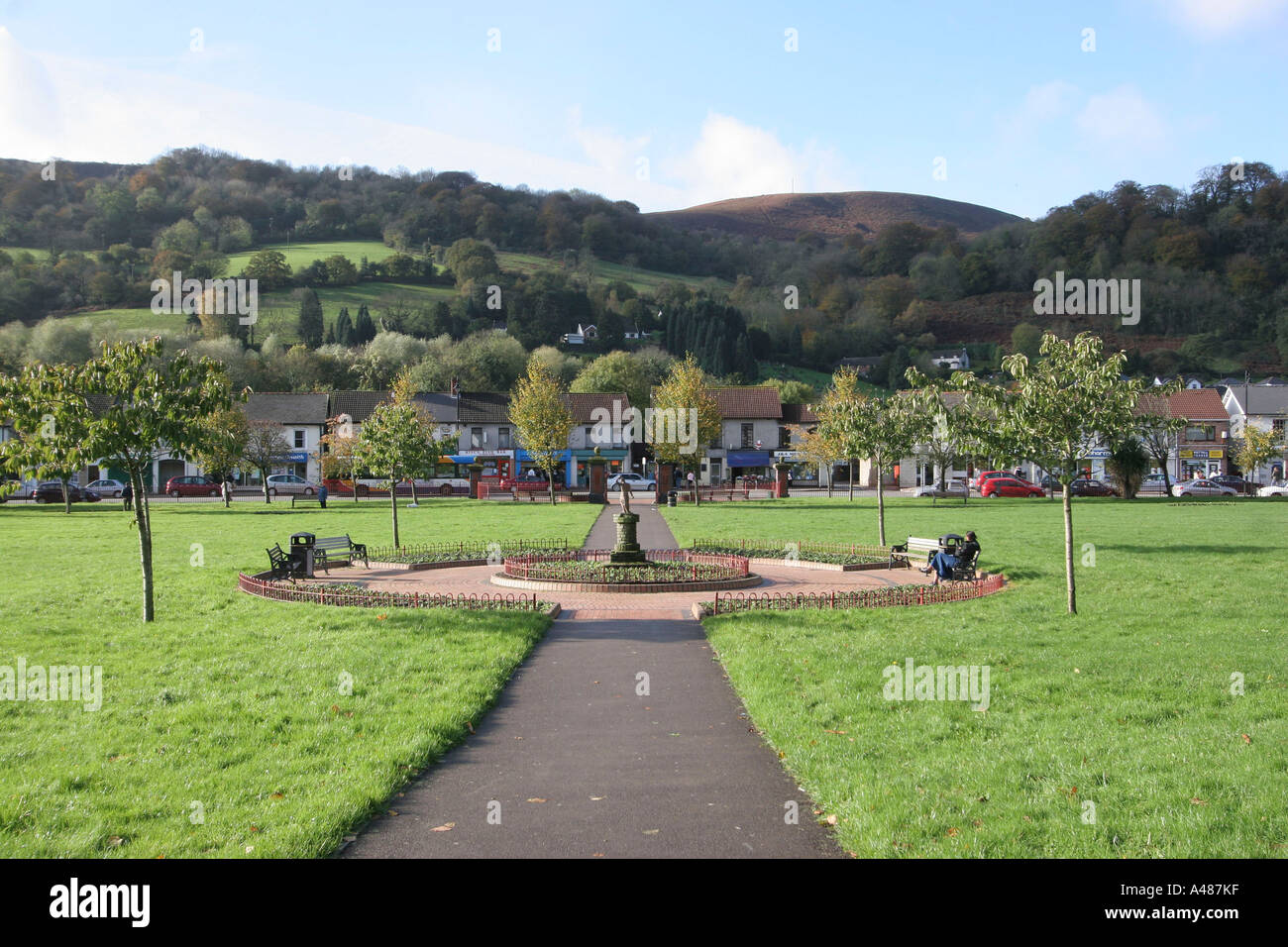 Park with Ornamental Garden and Statue Risca Village South East Wales Stock Photo