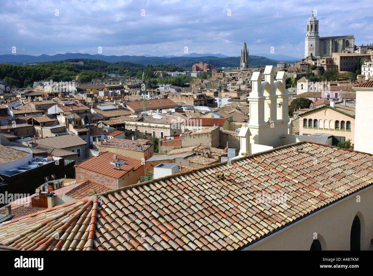 Panoramic view of Gerona from ancient city walls Girona Catalonia Catalunya Cataluña España Spain Europe Stock Photo