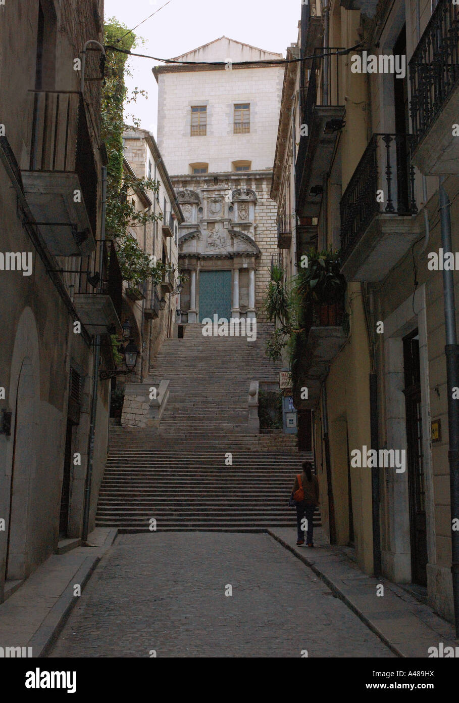 View of characteristic backstreet of old city centre Gerona Girona Catalonia Catalunya Cataluña España Spain Europe Stock Photo