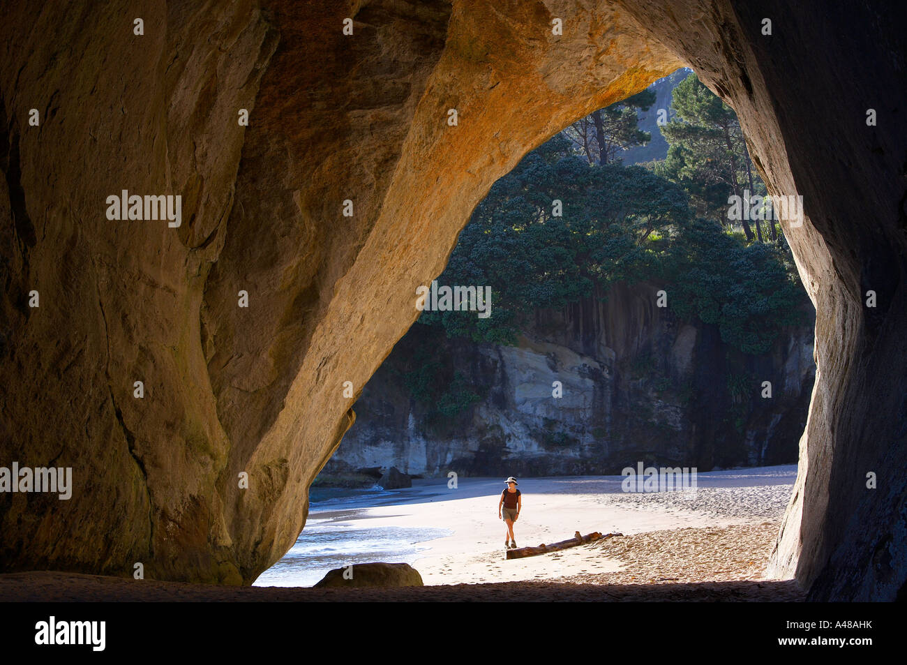 a woman walking on the beach at Cathedral Cove near Hahei Coromandel Peninsula North Island New Zealand MR Stock Photo