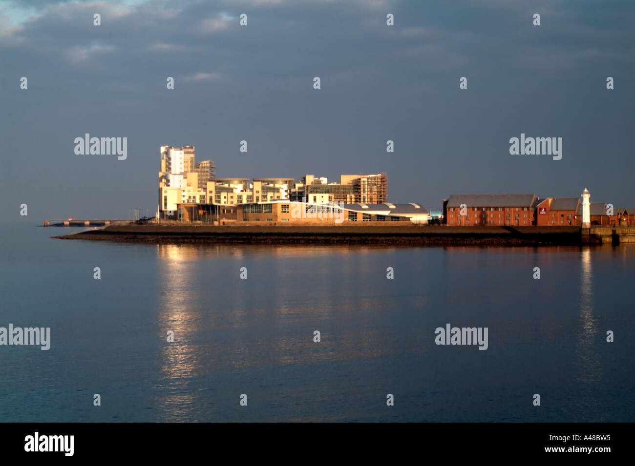 View of the new building developments at Leith Western Harbour from Granton beach Stock Photo