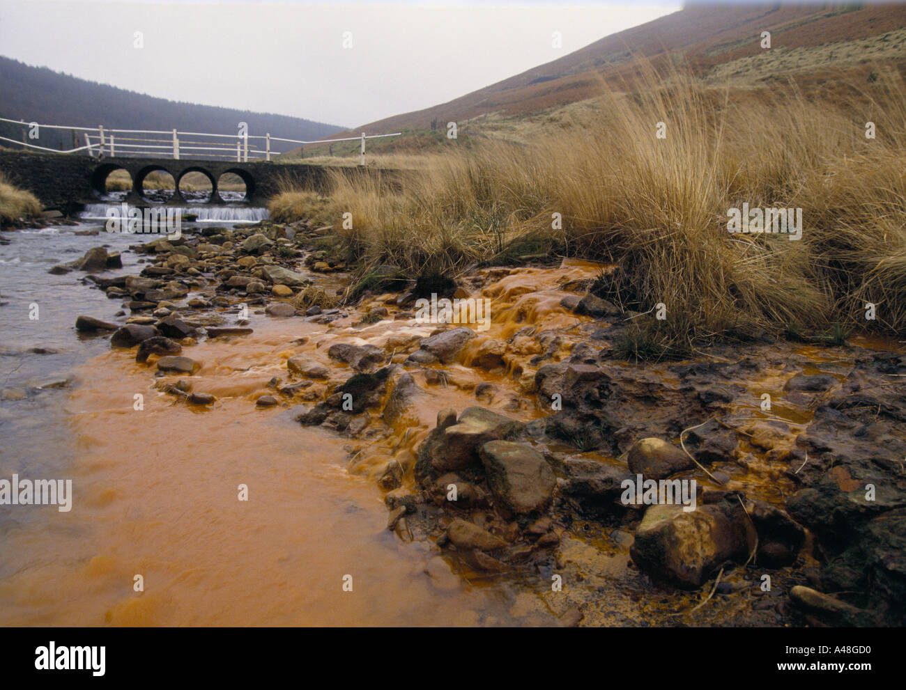 iron seepage at disused coal mine into river pelena near port talbot south wales Stock Photo