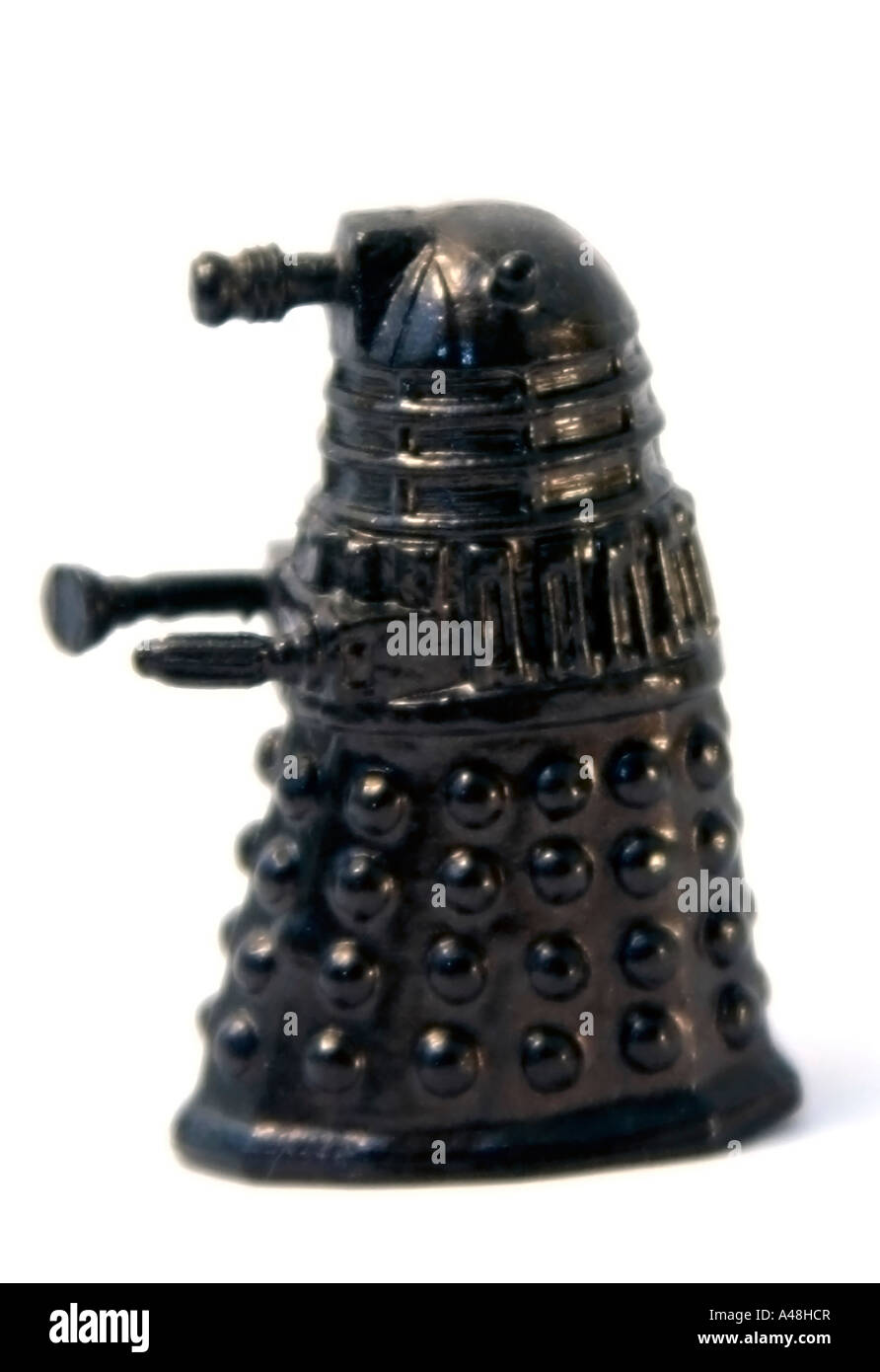 A model of a black Dalek against white background Stock Photo