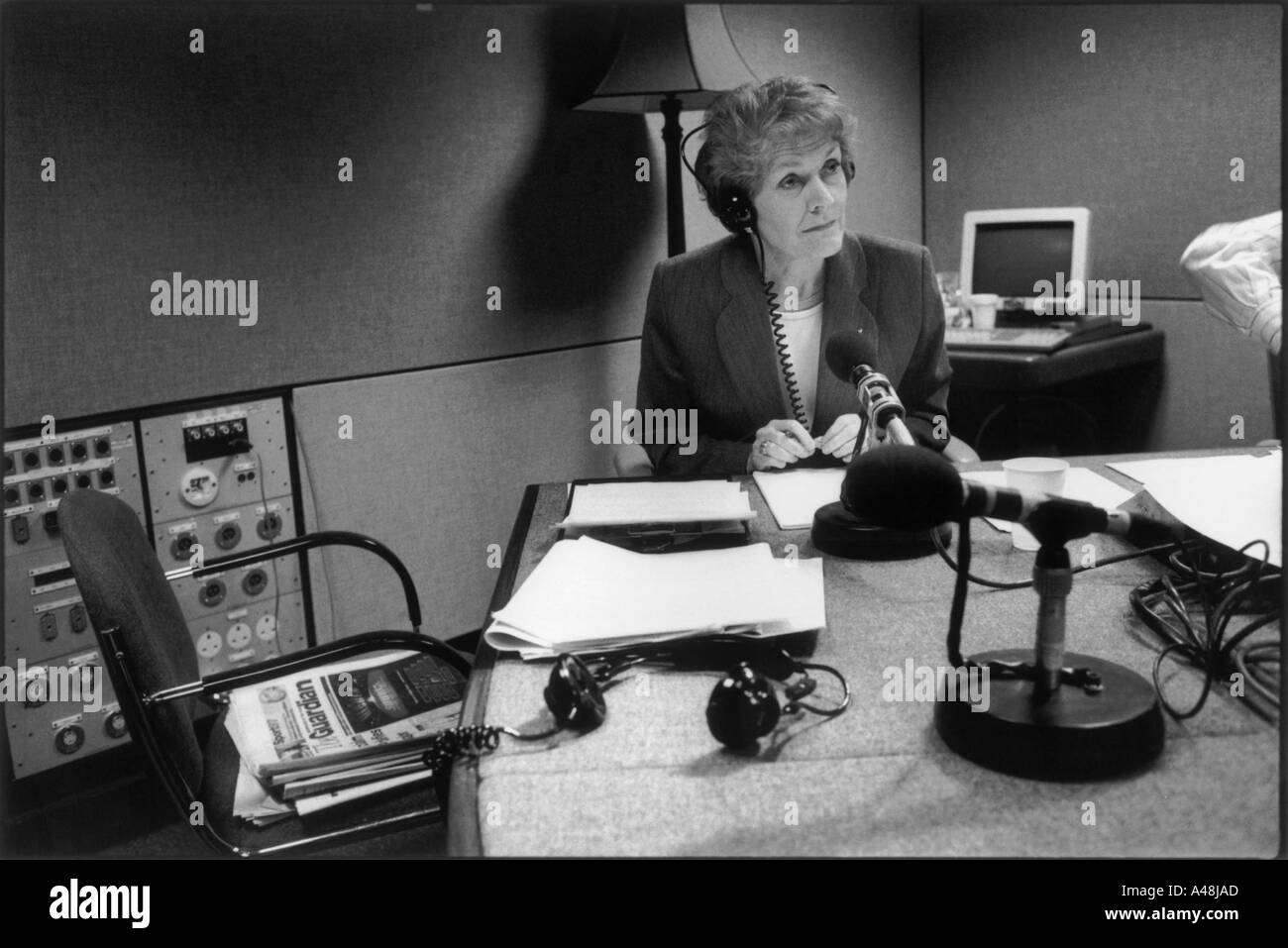BBC Radio 4 Today Presenter Sue Macgregor pauses for thought during an interview . BBC Portland place london Stock Photo