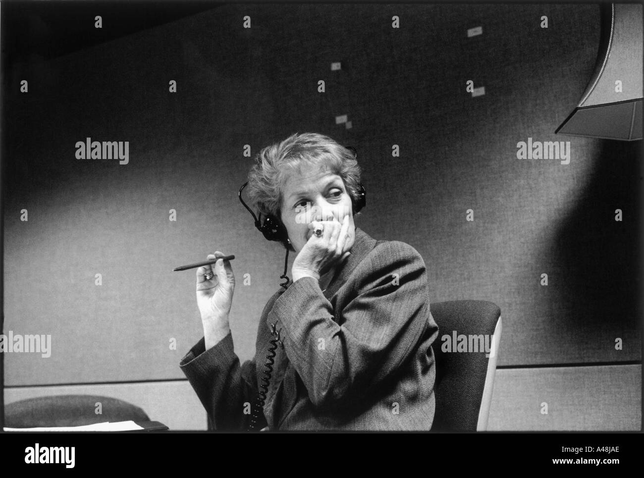 BBC Radio 4 Presenter Sue Macgregor pauses for thought during an interview . BBC Portland place london Stock Photo