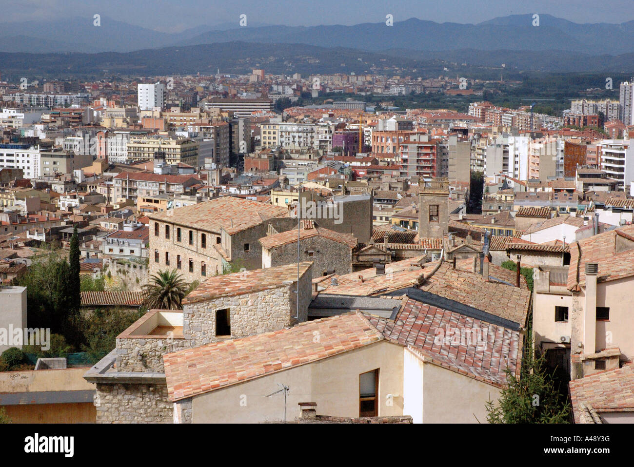 Panoramic view of Gerona from ancient city walls Girona Catalonia Catalunya Cataluña España Spain Europe Stock Photo