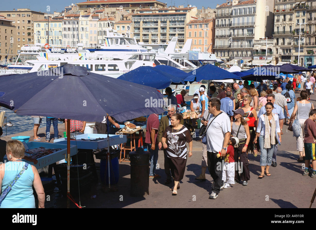 View of animated characteristic traditional fish market Vieux Old Port Marseille Provence Southern France Europe Stock Photo