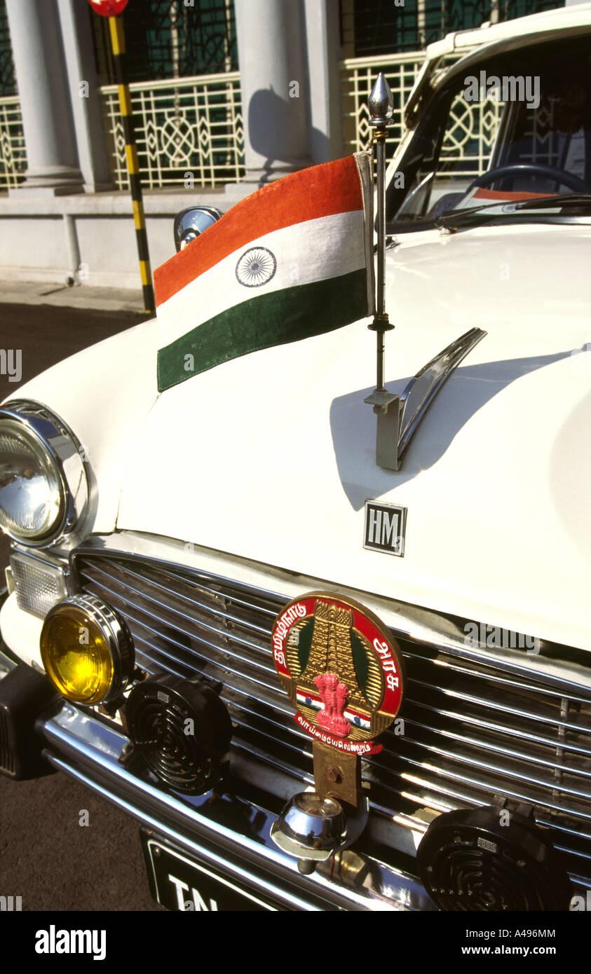 India Tamil Nadu Chennai Madras government Hindustan Ambassador car of Chief Minister with Indian flag Stock Photo