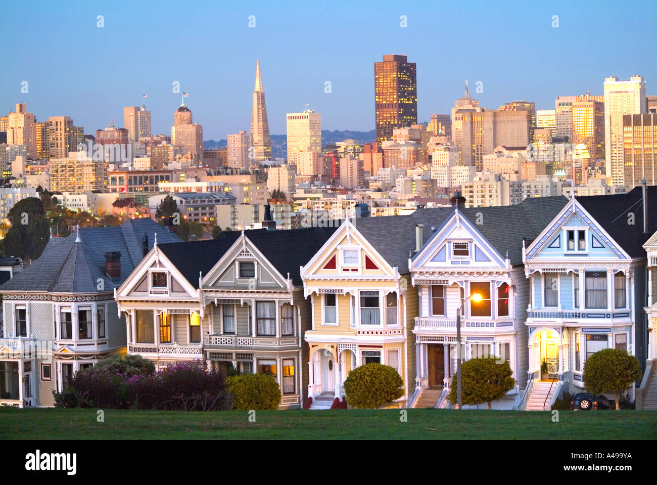 San, Francisco, city, skyline, cityscape,  Victorian, postcard, row, residential,  Painted, ladies, Alamo, Square, houses, Stock Photo