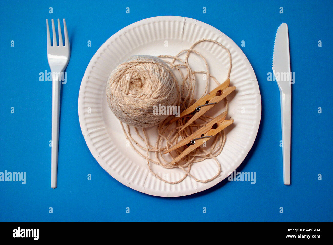 paper plate dinner setting with string and clothes pegs on blue background Stock Photo