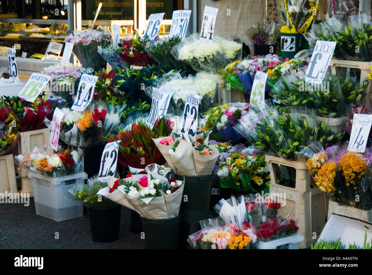 Flowers Outside a florist shop with price tags Bury Manchester UK Stock Photo