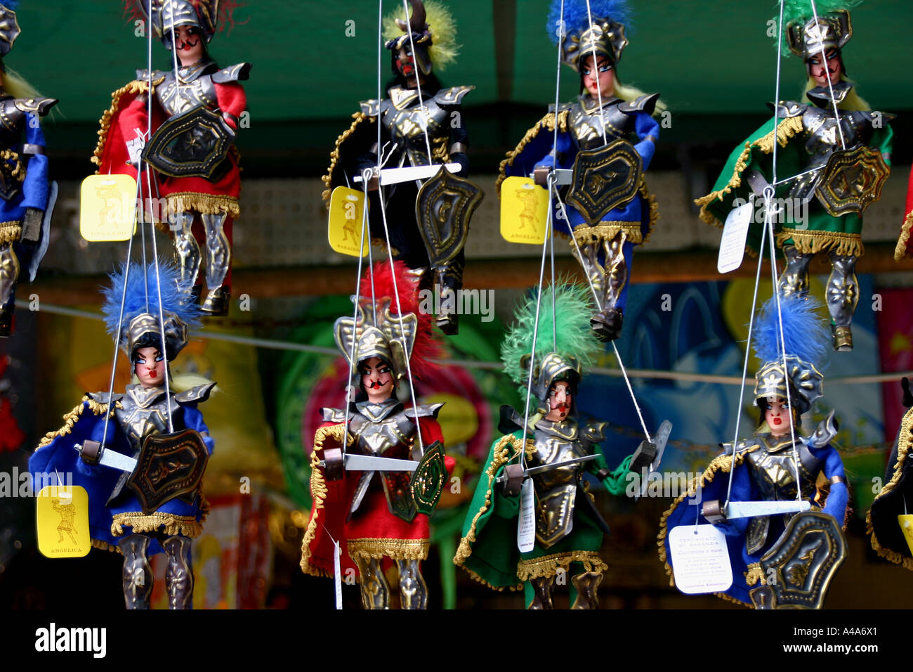 Puppet figures of Sicilian Knights on sale at the Roman amphitheatre in