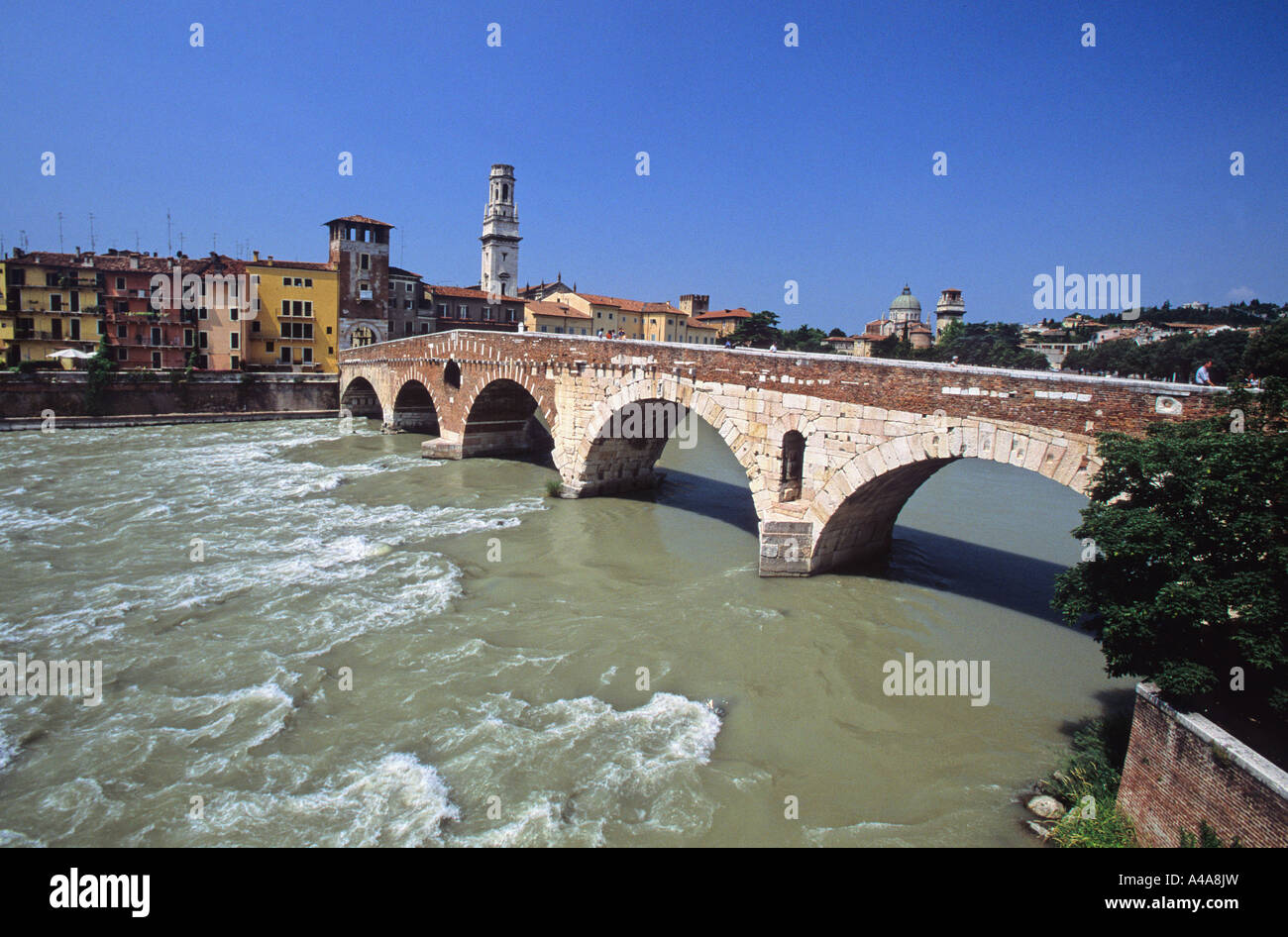 Ponte di Pietra bridge on Adige River Verona Veneto Italy Stock Photo ...