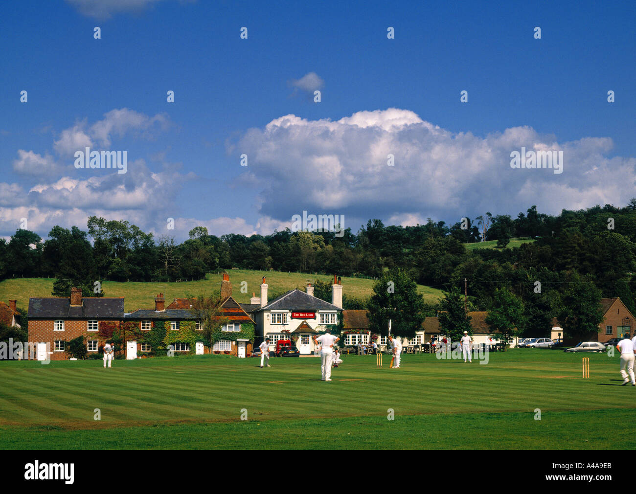 Cricket on Village Green, Surrey, England Stock Photo