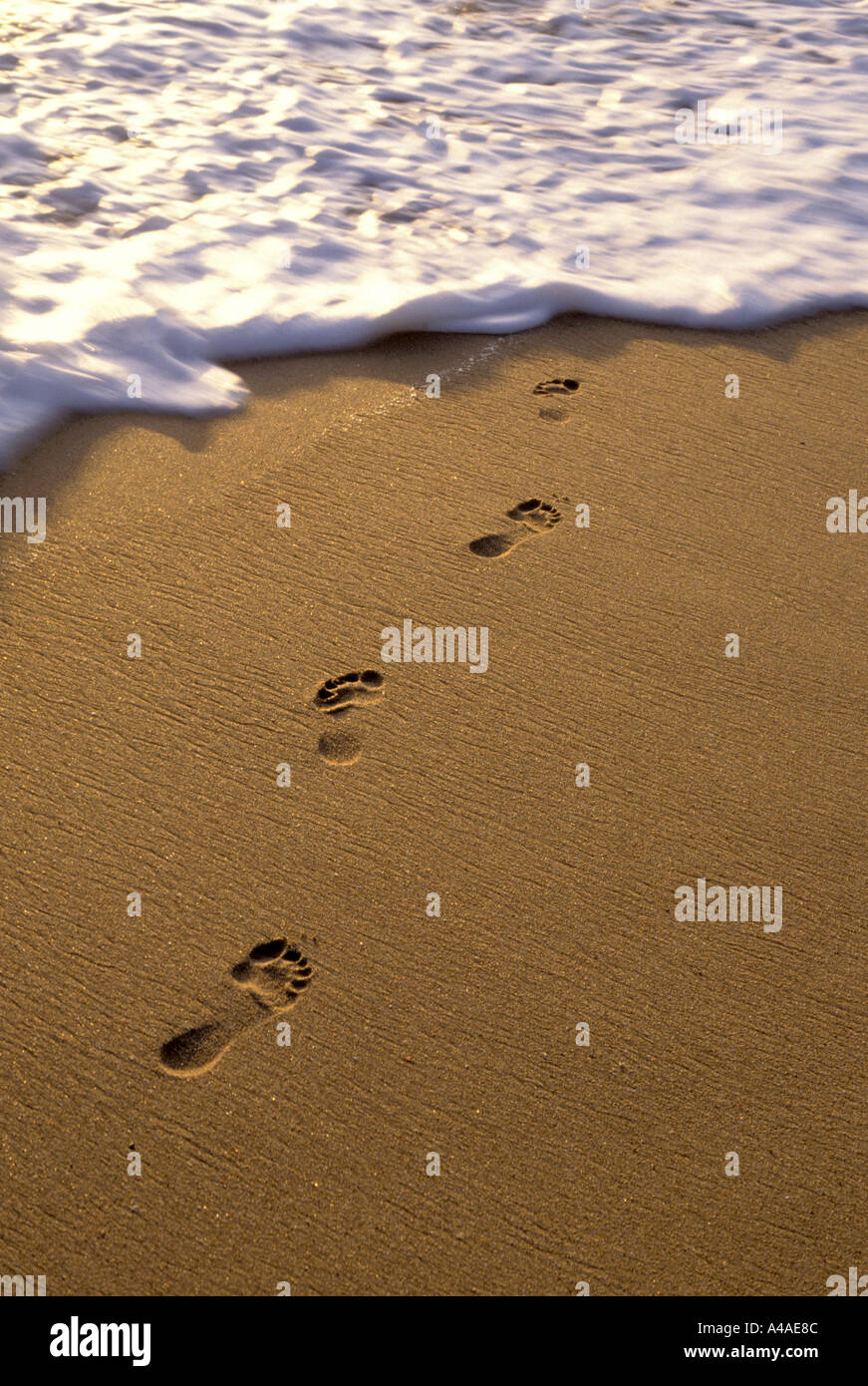 footprints on beach leading into oncoming waves Stock Photo