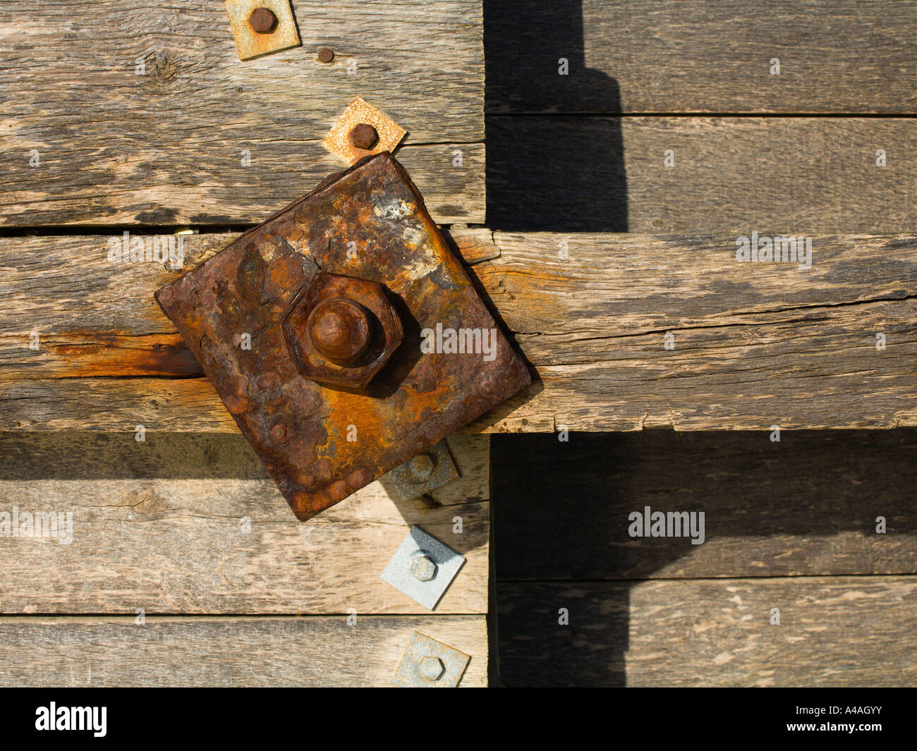 Close up view of a rusty nut and bolt on a wooden groyne at Cuckmere Haven East Sussex UK Stock Photo