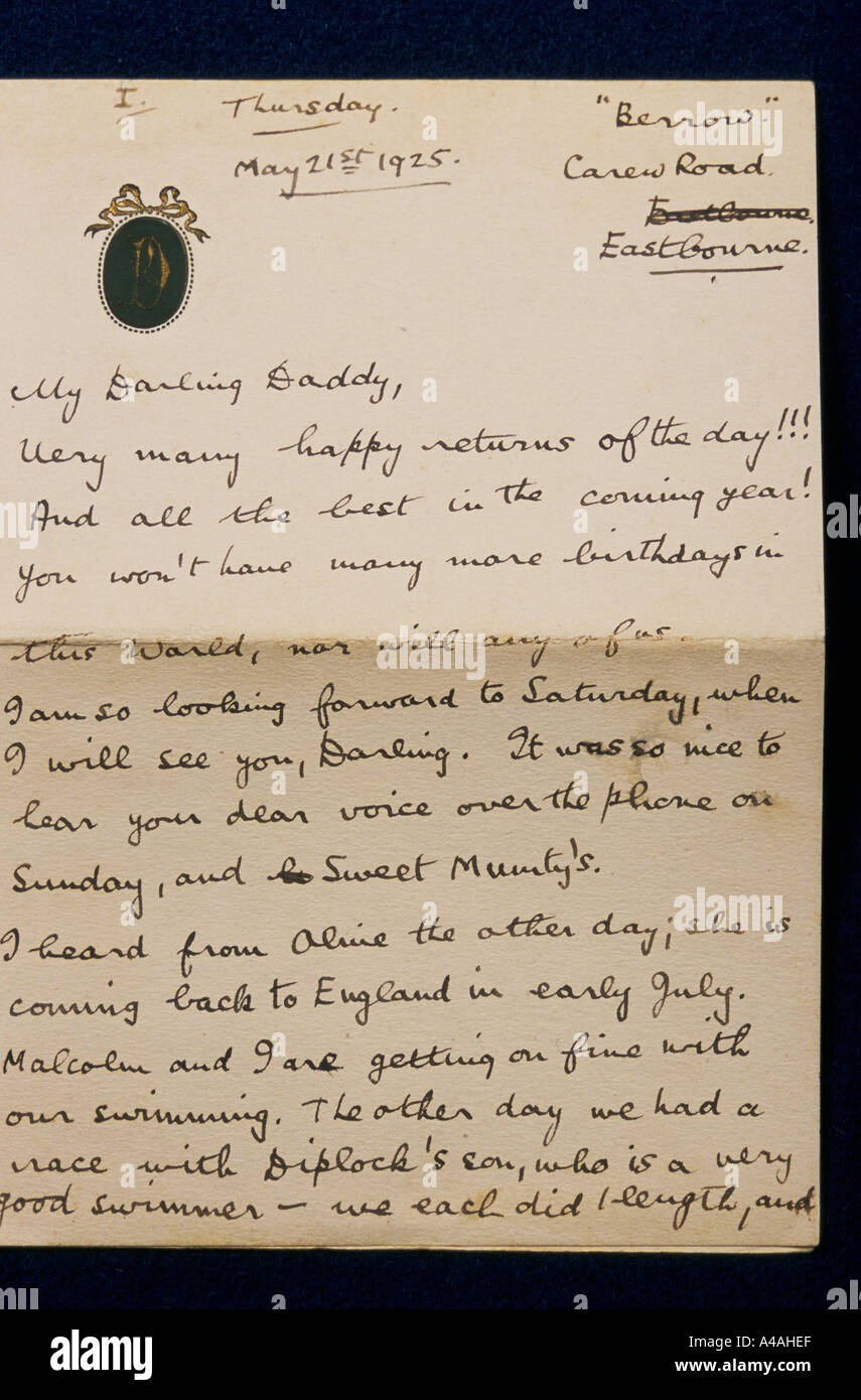 A letter which starts 'My darling Daddy'  found  in Sir Arthur Conan Doyle's wallet written by his son Denis Stock Photo