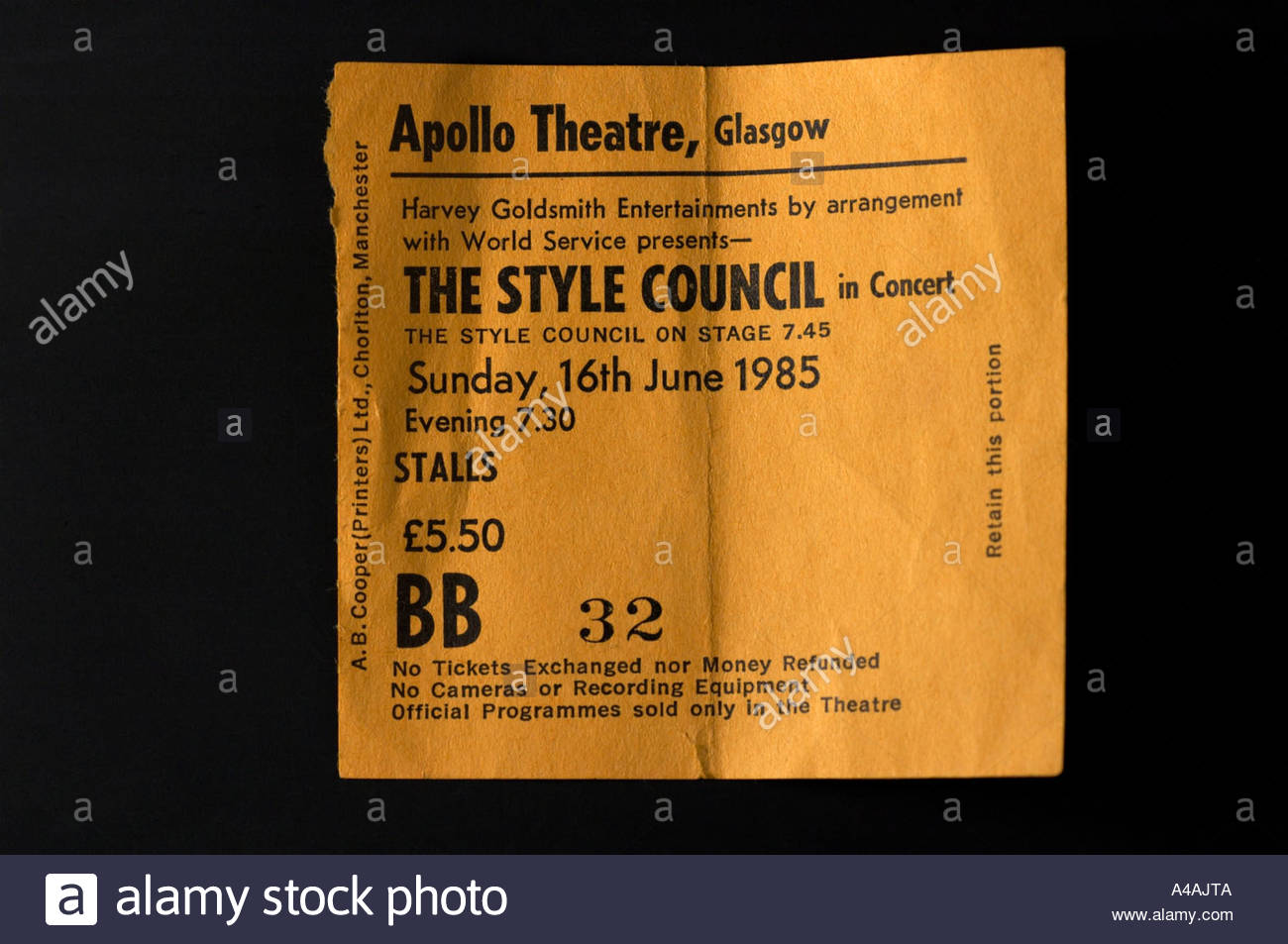 A ticket for the The Style Council at the Glasgow Apollo Scotland in 1985, this was the last concert ever played at the venue before it was demolished Stock Photo