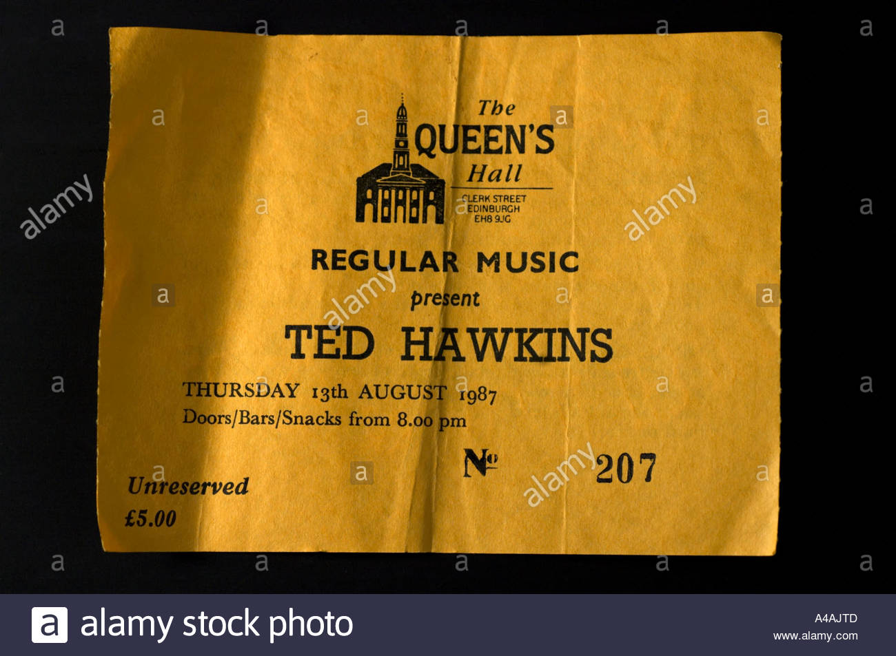 A concert ticket for the blues singer Ted Hawkins at Edinburgh Queens Hall 1987 Stock Photo