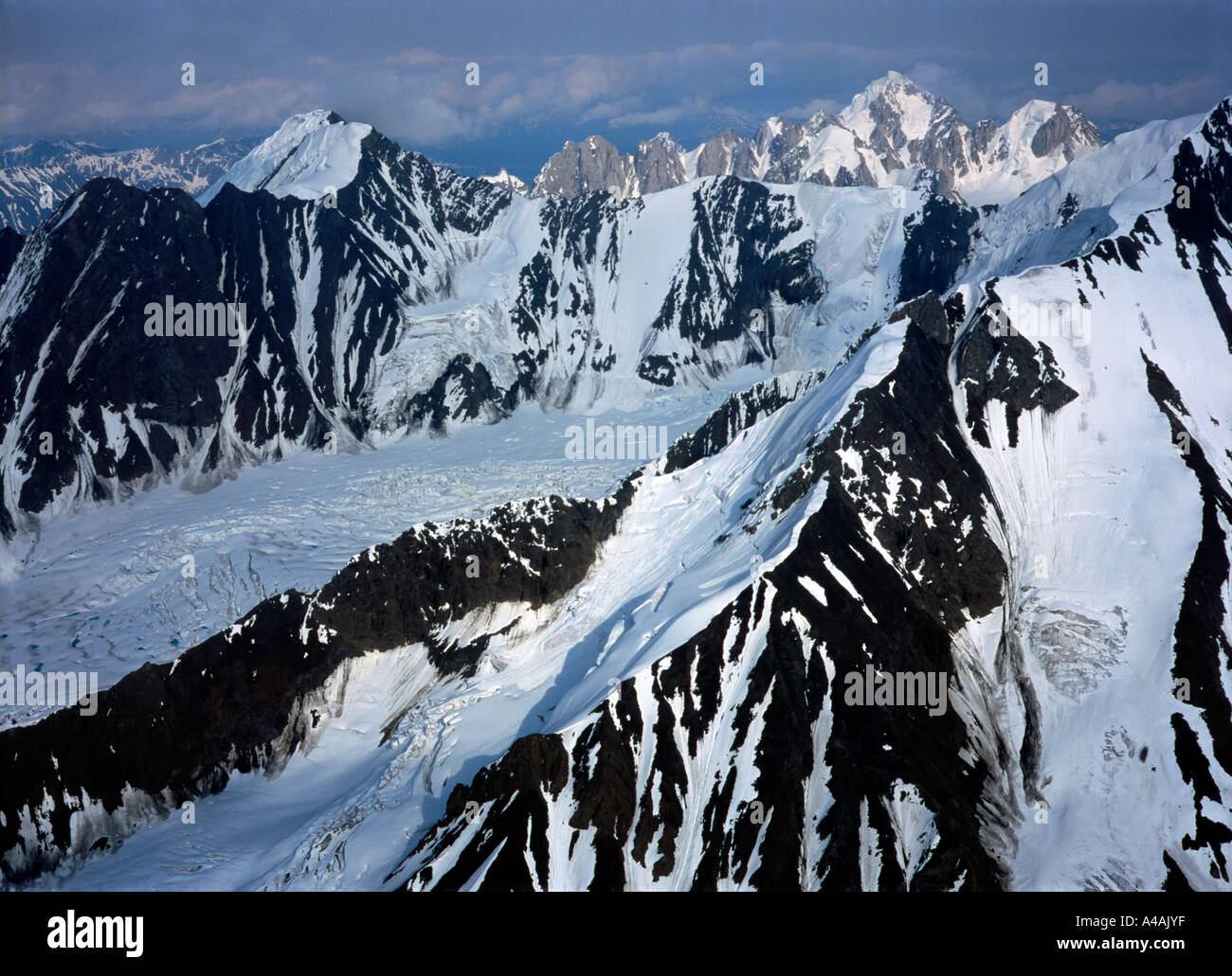 Glaciers flow out of the mountains of Denali National Park, Alaska Stock Photo