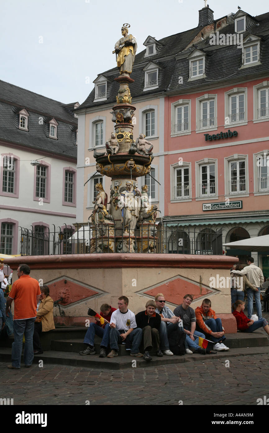 Fountain in the Market Square in Germany Trier UNESCO World Cultural Heritage, Germany's oldest city. Stock Photo