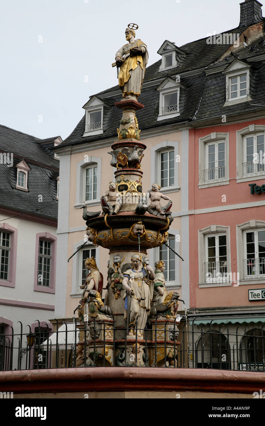 Fountain in Market or Town Square in Germany Trier UNESCO World Cultural Heritage, Germany's oldest city. Stock Photo