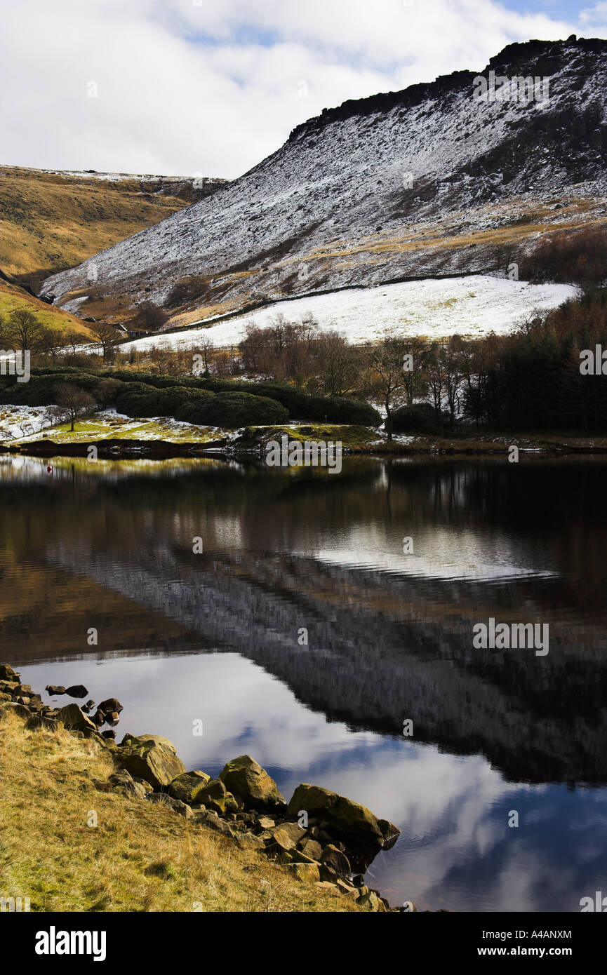 A wintry view looking across Dovestone Reservoir at Greenfield in