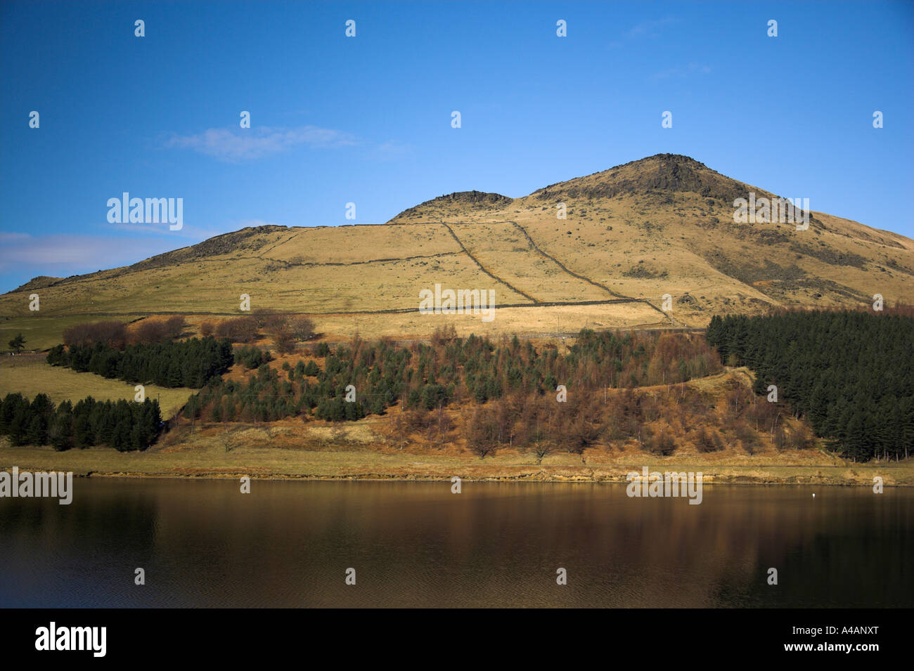 View of Aldermans Hill and DoveStone Reservoir  at Greenfield in Saddleworth near Oldham in Greater Manchester Stock Photo