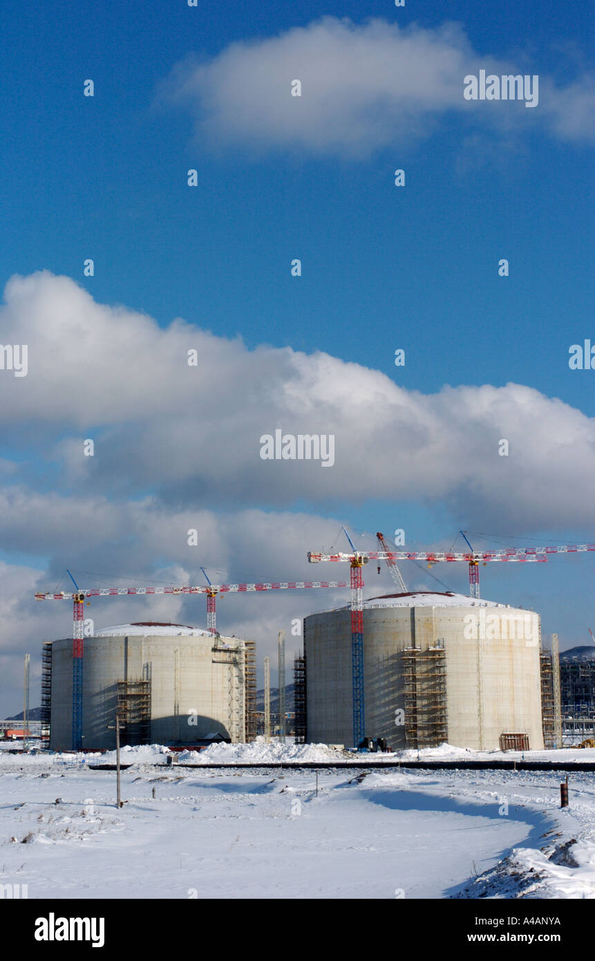Construction of liquid natural gas LNG  plant tanks on Sakhalin Island Russia 2006 Stock Photo
