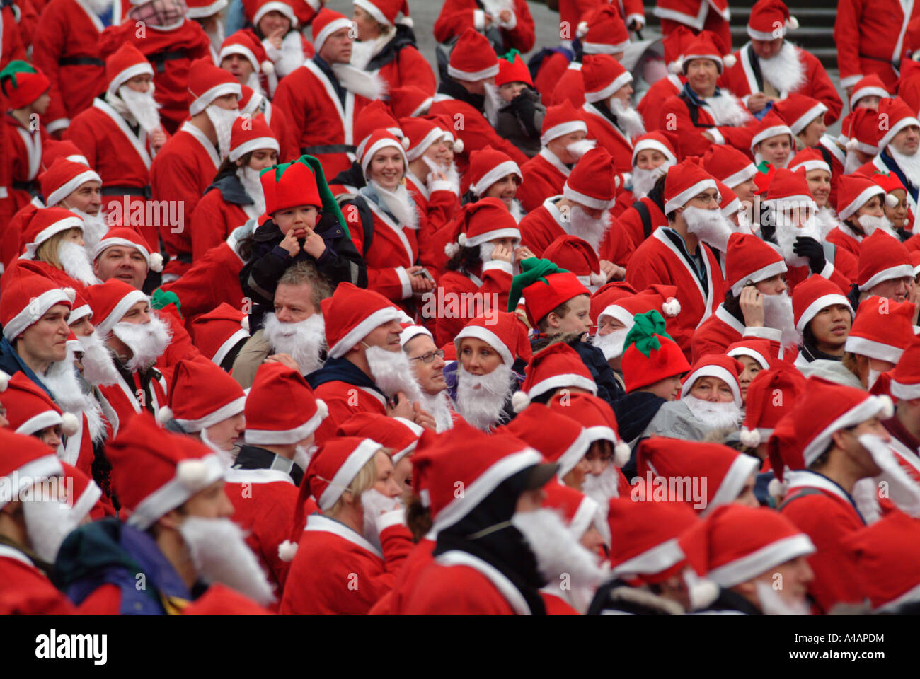 Gathering for the Great Scottish Santa Run in Princes Street Gardens, Edinburgh Stock Photo