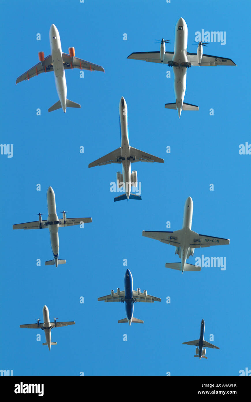 Montage of aircraft arriving at a UK regional airport Stock Photo