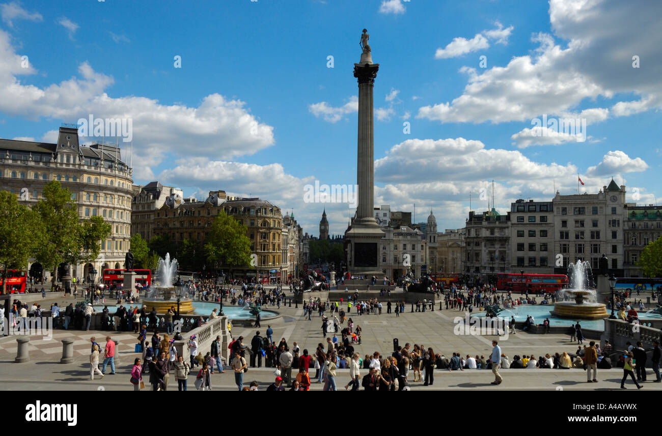 Trafalgar Square in the heart of London, England. View from the steps of the National Gallery towards Whitehall Stock Photo