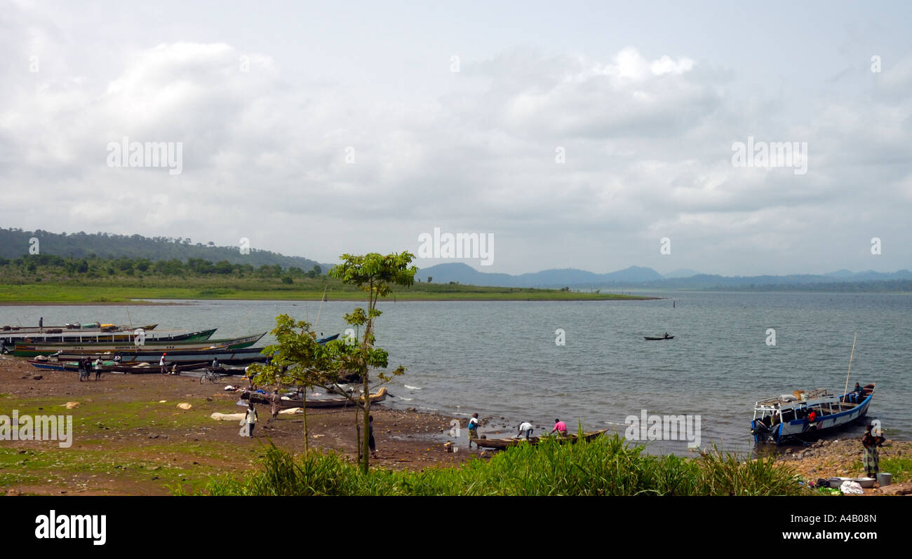 View of Lake Volta with wooden boats near Kpandu, Ghana, Africa Stock Photo
