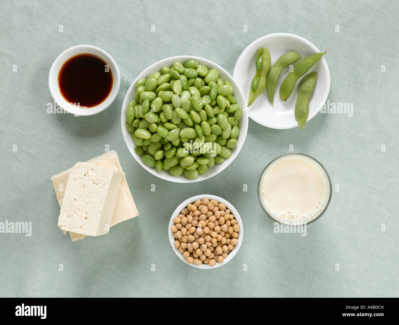Variety of Soy Products Edamame, Soy Milk, Soy Sauce, Dried Soy Beans
