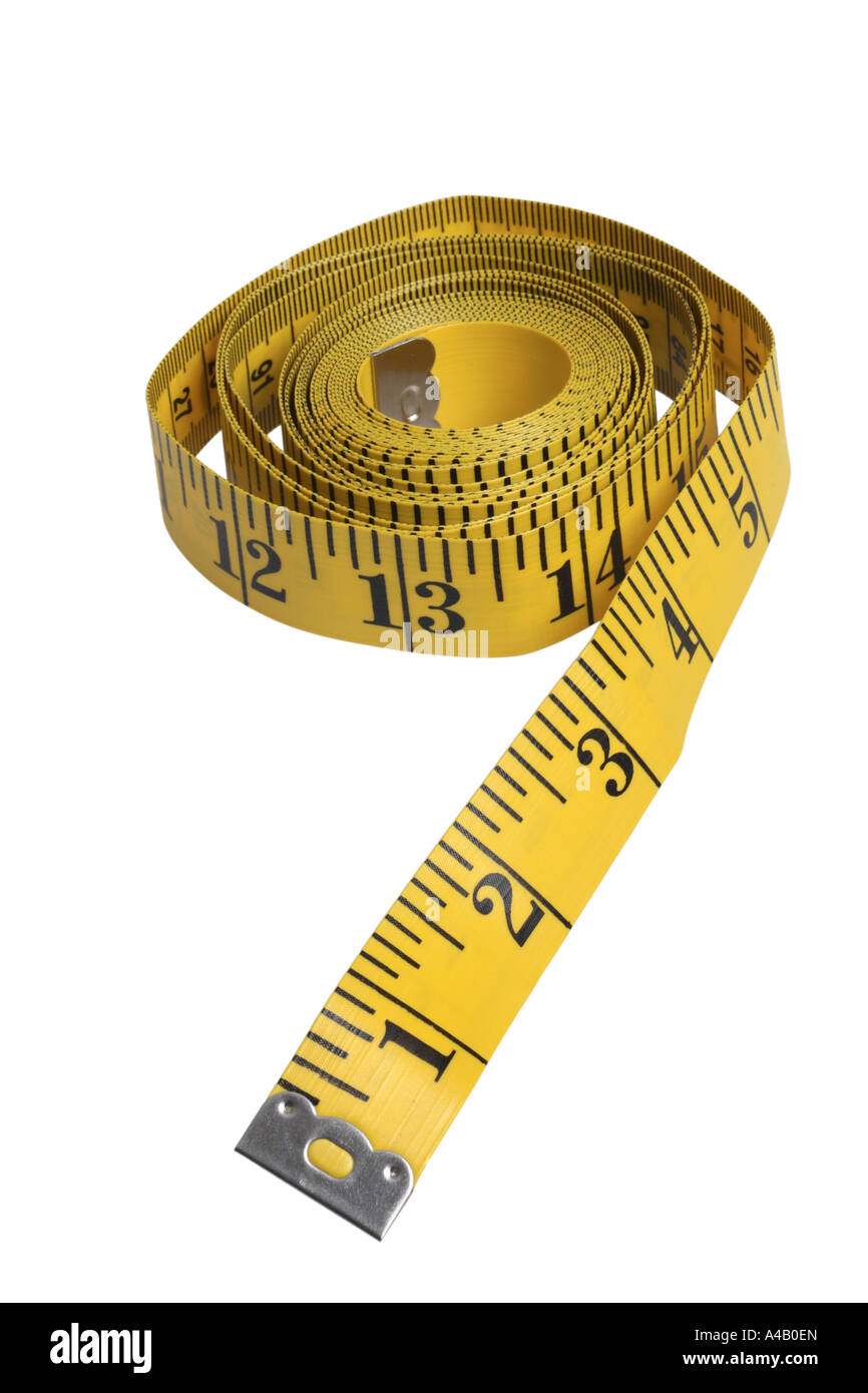 Yellow Tape Measure cut out on white background Stock Photo