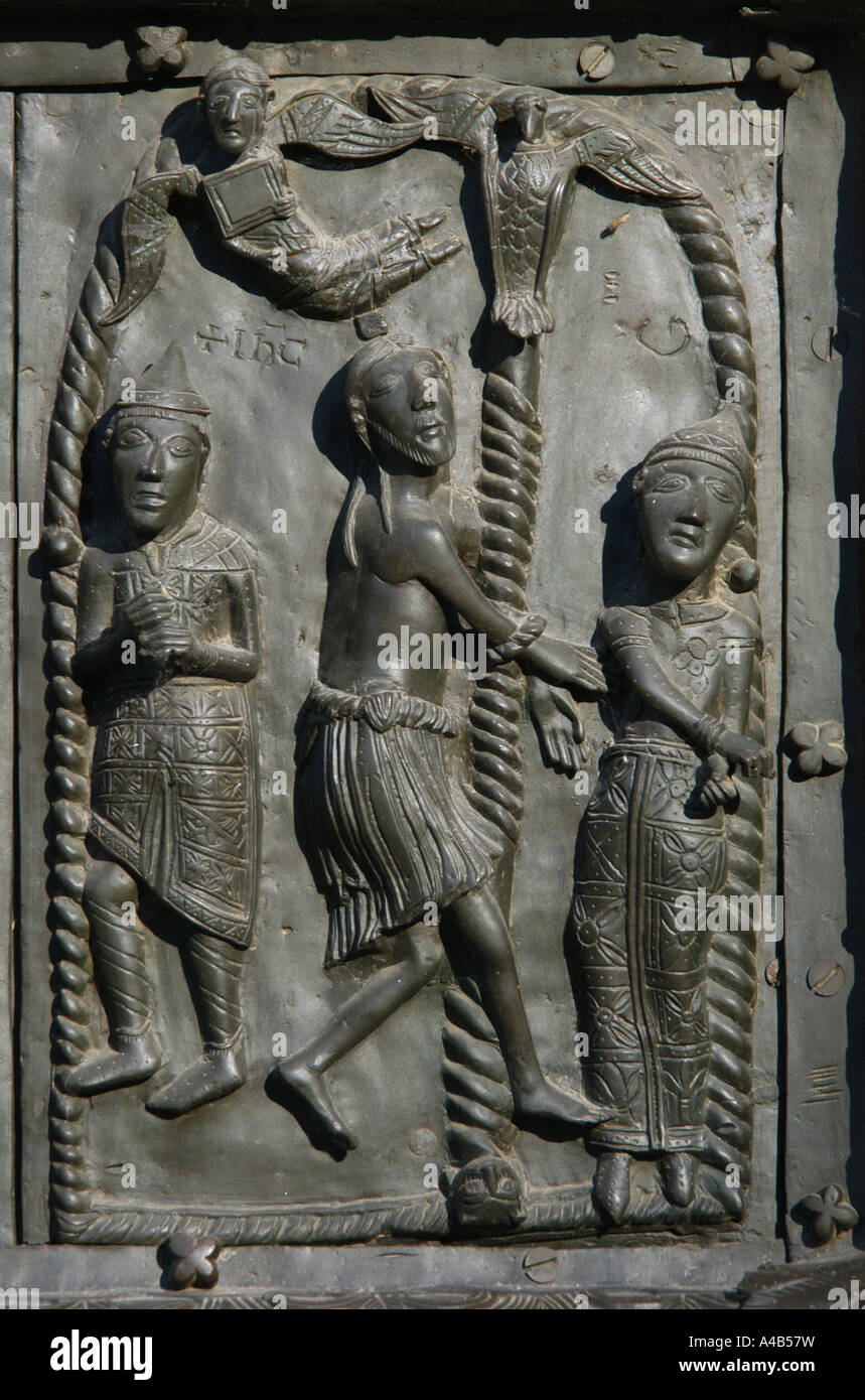 The Flagellation of Jesus Christ. Detail of the Magdeburg (Sigtuna) Gate of St Sophia Cathedral in Novgorod, Russia Stock Photo