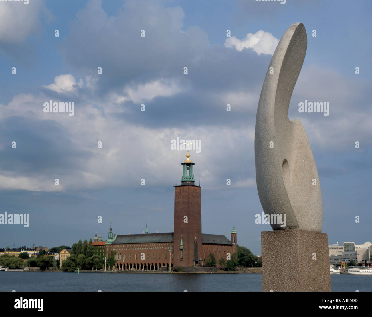 'Sun boat' sculpture on Evert Taubes Terrass, with Stadshus (City Hall) beyond, Riddarholmen, Stockholm, Sweden. Stock Photo